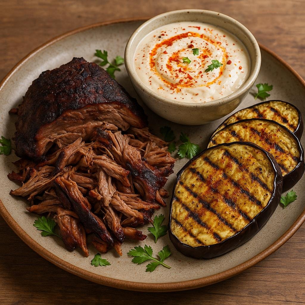 Lamsschouder met aubergine